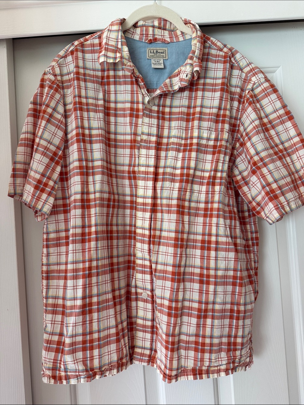 L.L. Bean Men's Short-Sleeve Plaid Button-up Shirt - Orange & Cream size medium